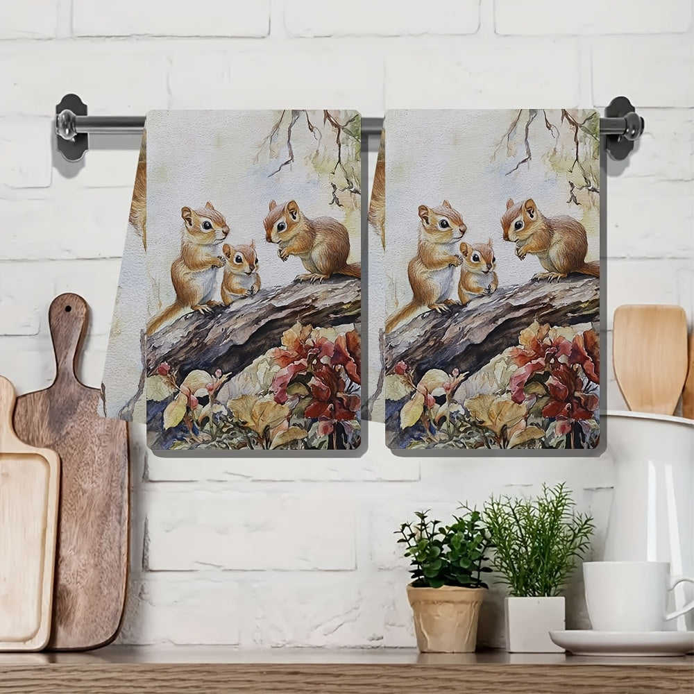 Coastal Style Chipmunk Kitchen Towels, 2 Pieces, Absorbent Polyester, 40x60 cm