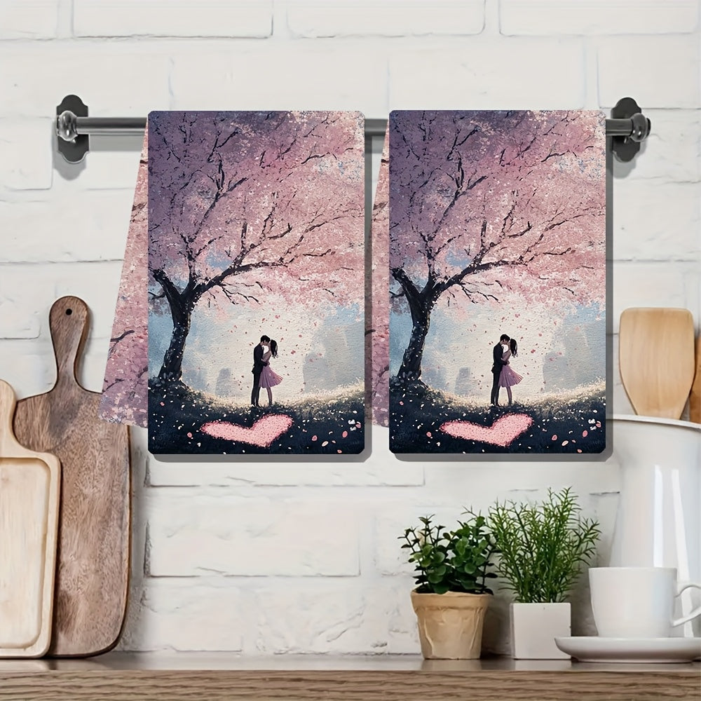 Kitchen Towels Set of 2 Ultra Soft Romantic Cherry Blossom Scene 16x24