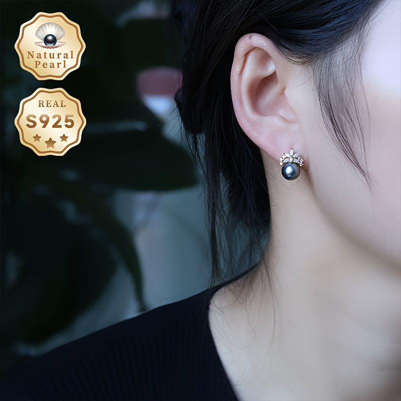 Sterling Silver Pearl Earrings 8-9mm Black Round Natural Deep Sea Jewelry for Women