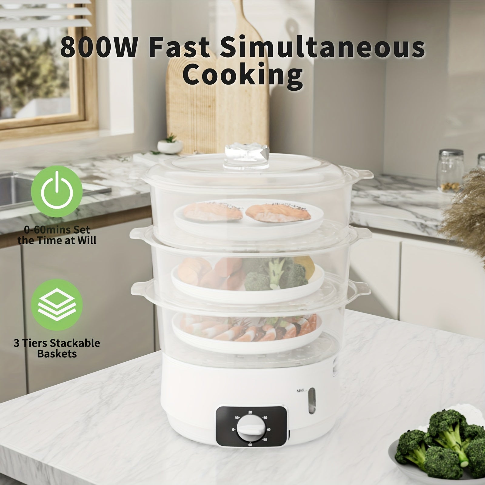 1 EU LIPWEL bug'lamali pech, 13L sig'imli, 800W, 3 ta konteyner, 60 min taymer, 2 ta suv kirish joyi, oq rang, stackable savat. Sabzavotlar, tuxum, guruch va mol go'shtini bug'lash uchun juda yaxshi.