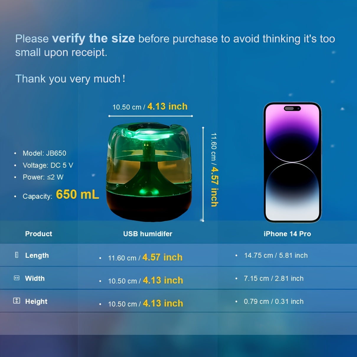 Colorful Transparent USB Humidifier with Night Light, Silent Mist, Portable