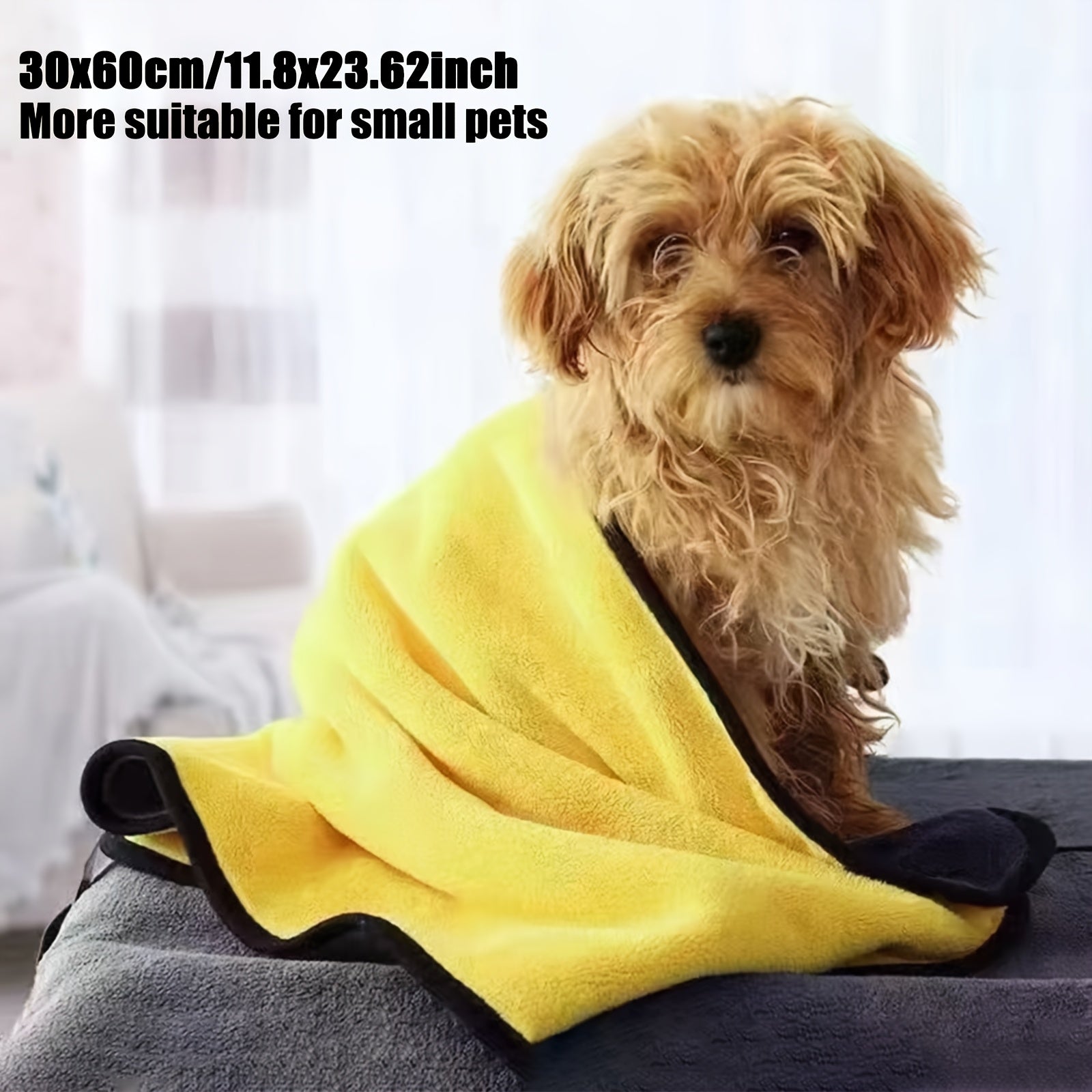 Kichik hayvonlar uchun yumshoq mikrofiber sochiq, tez quriydigan va namni yaxshi so'radigan, sariq va qora, osish halqasi bilan, 29.97 x 59.99 sm.