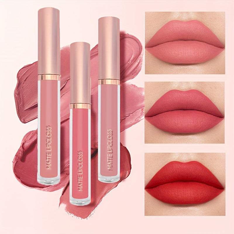 3-Piece Matte Lipstick Set Waterproof Long-Lasting Velvety Lip Gloss for Women