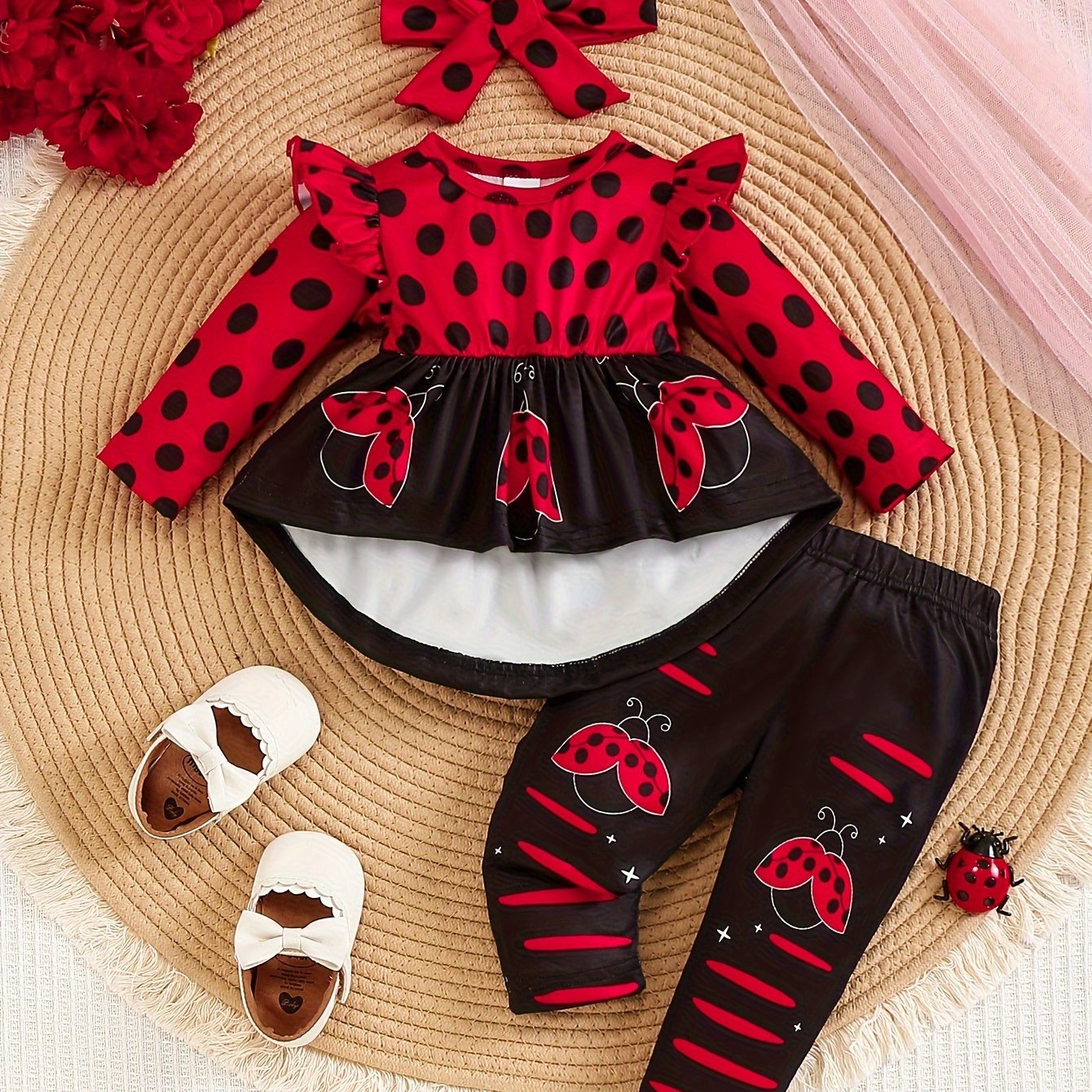 Toddler Girl Ladybug Print Polyester Outfit with Long Sleeve Crew Neck Pullover and Pants