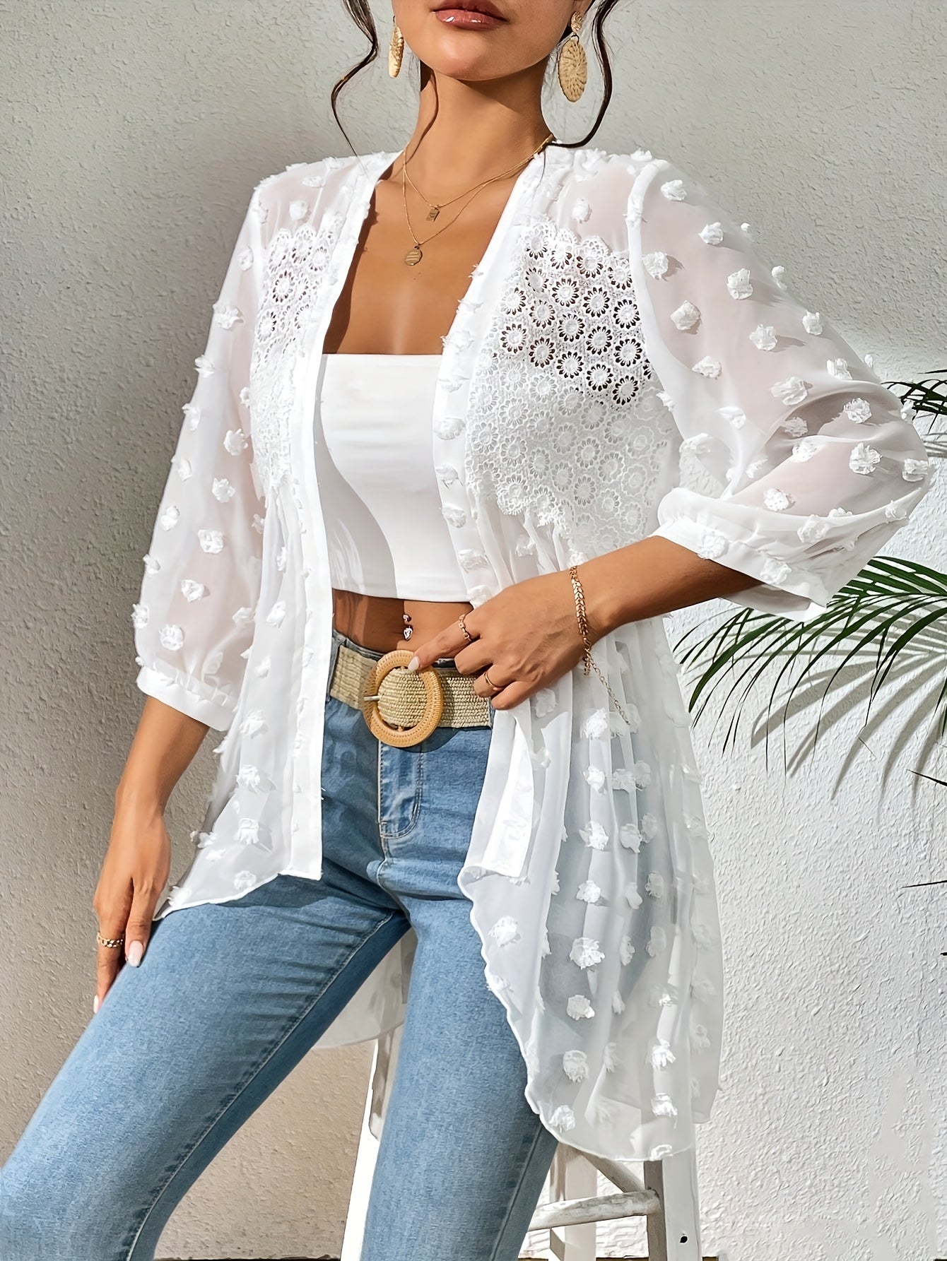 Women's Sheer Swiss Dot Open Front Cardigan Long Sleeve Polyester Summer
