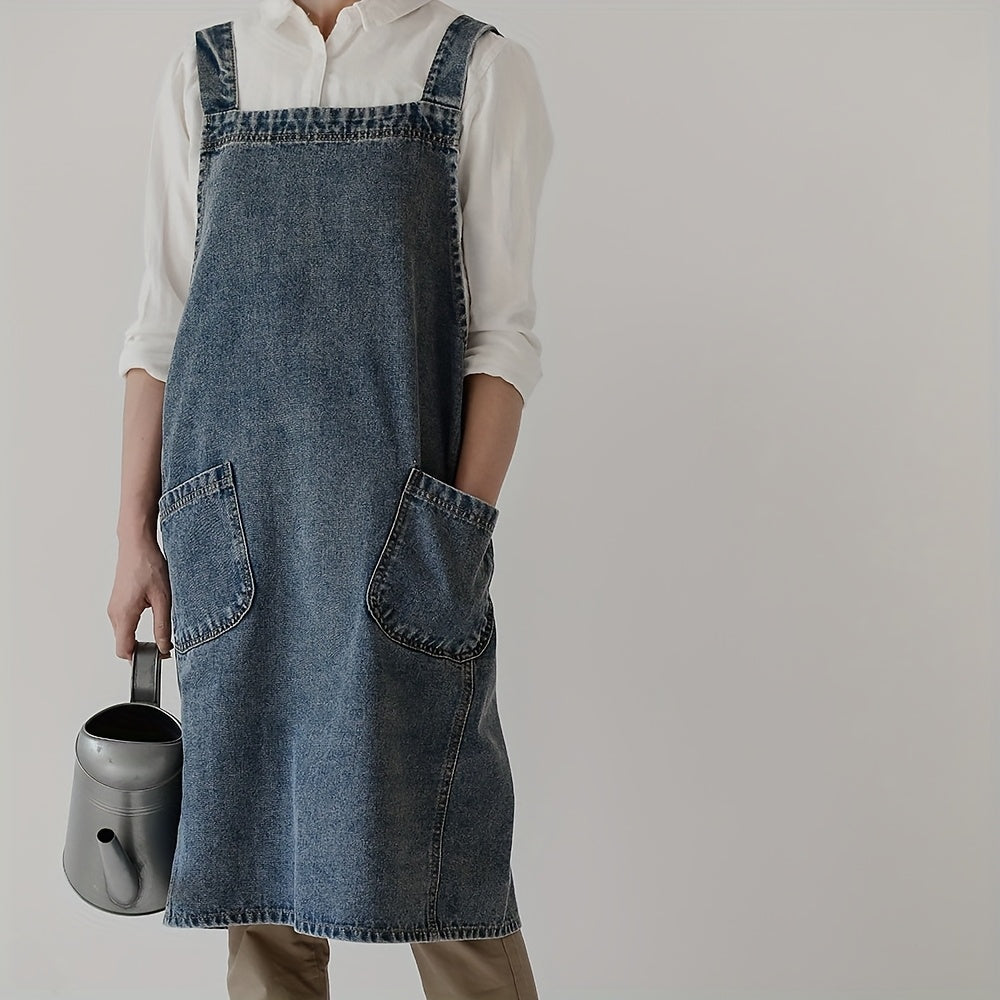 Vintage uslubidagi denim apron, cho'ntaklar bilan, sozlanadigan tasmalari va oshxona va restoran ishlarida foydalanish uchun suv o'tkazmaydigan dizayn.
