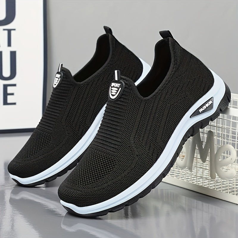 Zapatillas deportivas slip-on negras para hombre, malla transpirable, suela de goma, casuales para correr y caminar