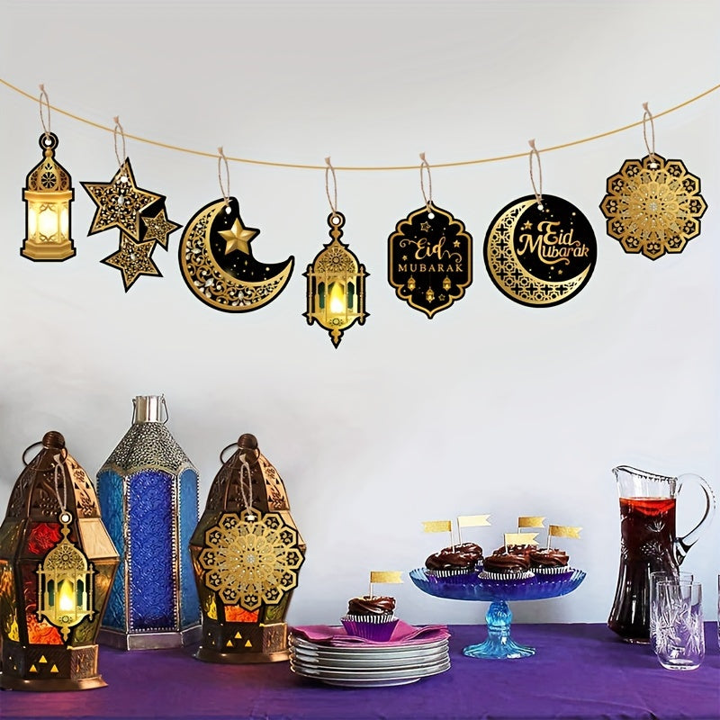 14/10pcs Eid Mubarak Paper Hanging Ornaments with 5m Hemp Rope for Ramadan Party Decorations