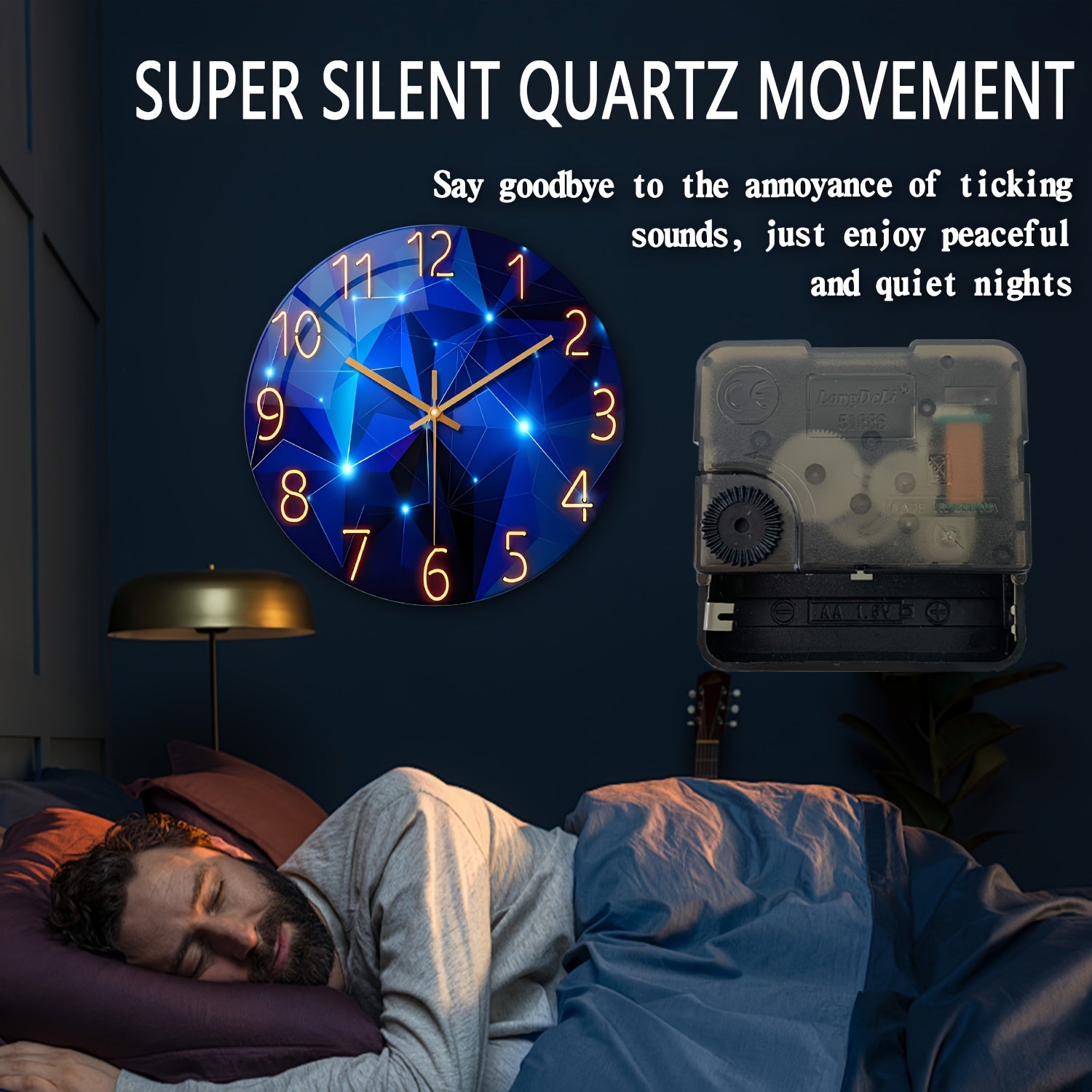 12"/14" Silent Wall Clock with Dark Blue Geometric Design. Made with 4mm Tempered Glass and Japanese Quartz Movement. Perfect for indoor and outdoor decor. Great gift option (Battery not included).