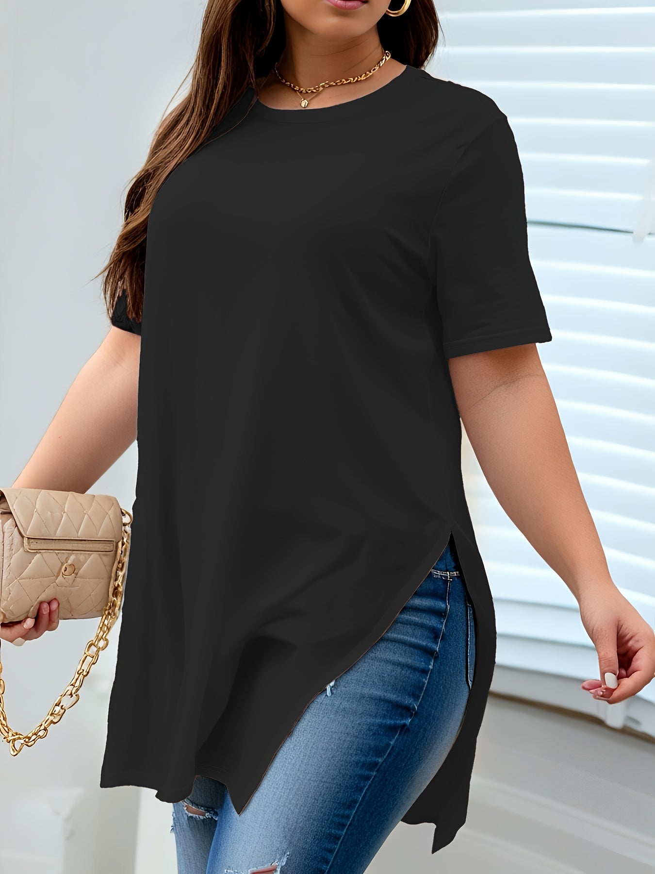 Ayollar uchun keng hajmli qisqa sleeve T-shirt, kundalik, dumaloq bo'yin, bir rangli, barcha mavsum uchun