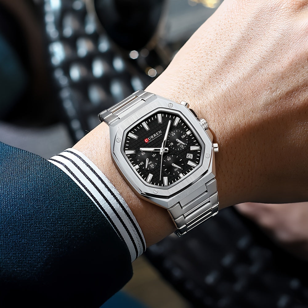 Reloj de pulsera con esfera retro cuadrada para hombres, acero inoxidable, cuarzo, cronógrafo