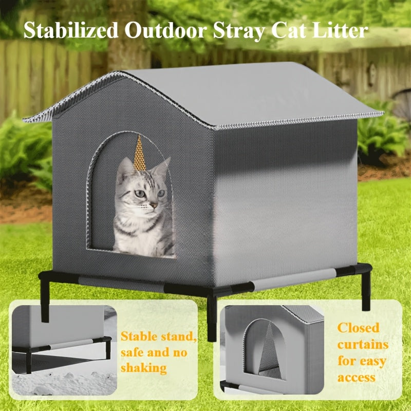Outdoor Cat House Oxford Cloth Insulated Weatherproof Shelter with Raised Stand and Double-Sided Mat