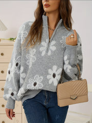 Women's Floral Pattern Zip Sweater Long Sleeve Casual Pullover for Autumn Winter