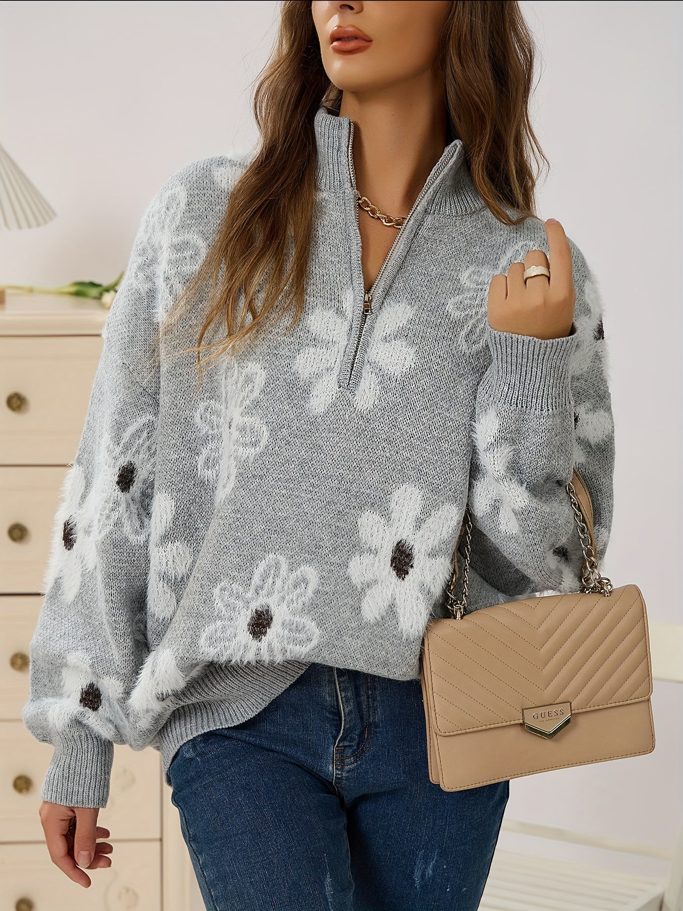 Women's Floral Pattern Zip Sweater Long Sleeve Casual Pullover for Autumn Winter