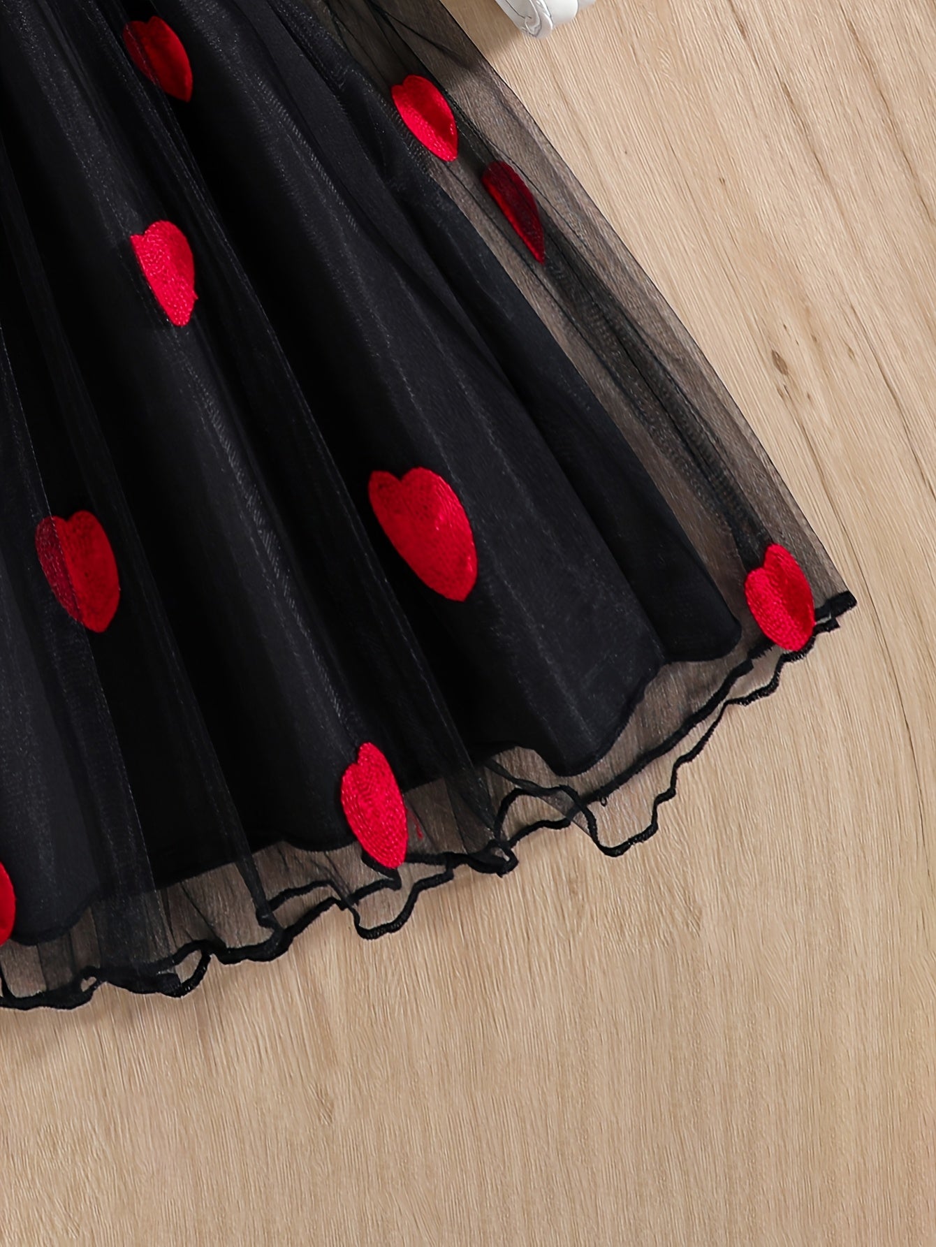 Girls' Summer Black and Red Heart Mesh A-Line Dress for Parties and Outings