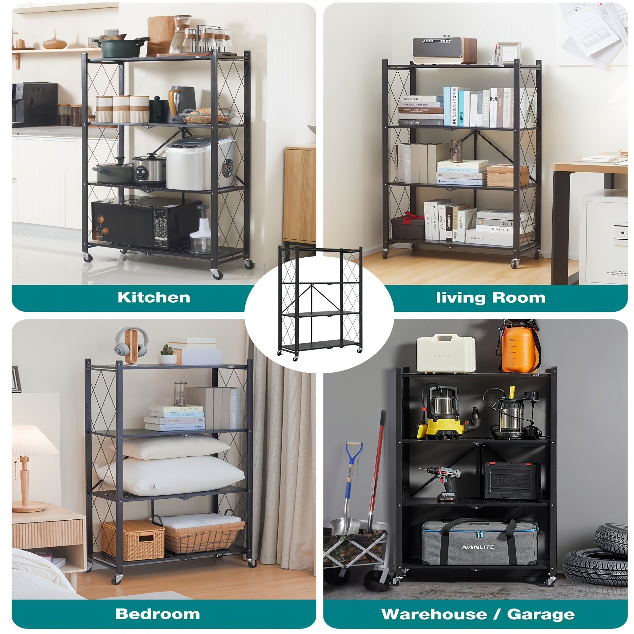 Estantería de almacenamiento plegable de 11 piezas, con 4 niveles y ruedas, unidad de estantería de gran capacidad, estantería de metal con rejilla, negra