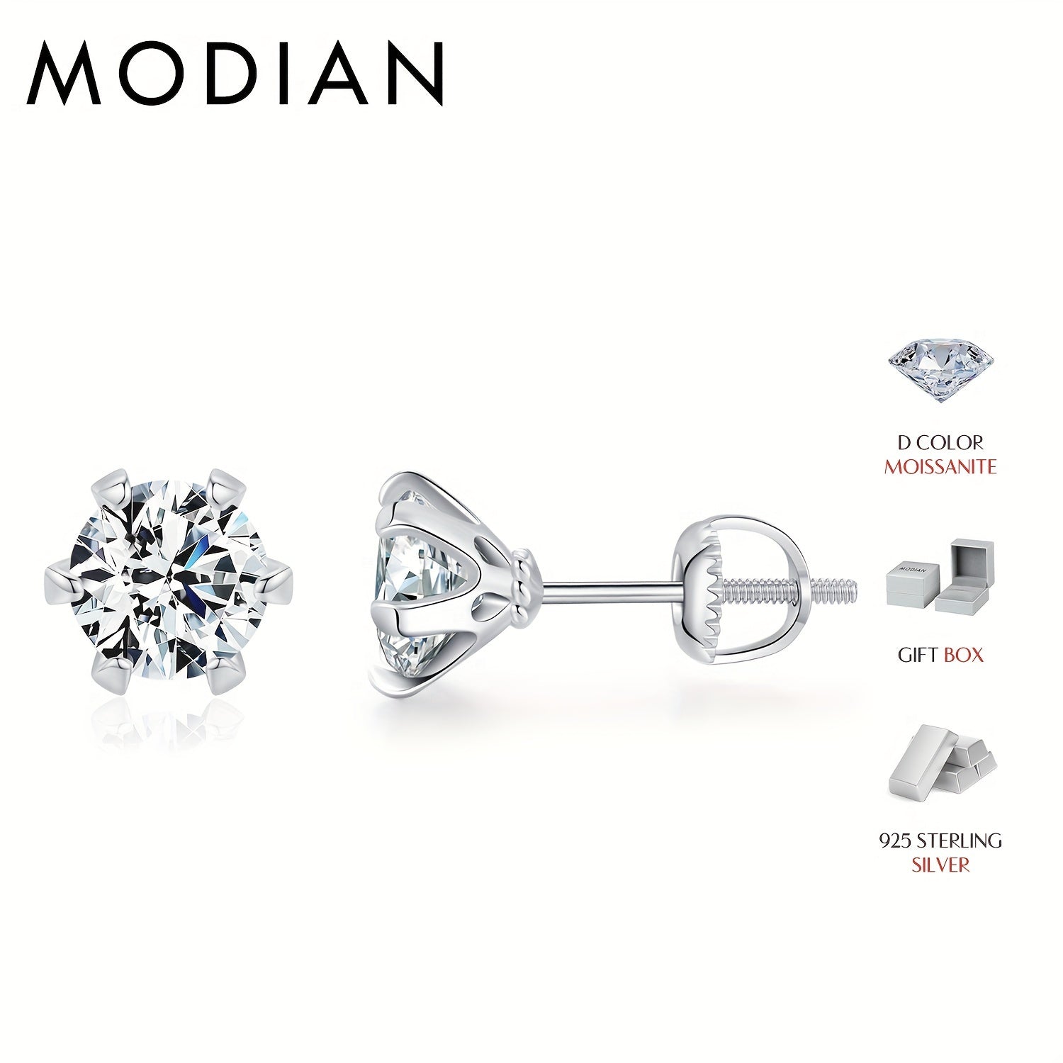 Sterling Silver 1 Carat D Color Moissanite Stud Earrings for Women Wedding Jewelry