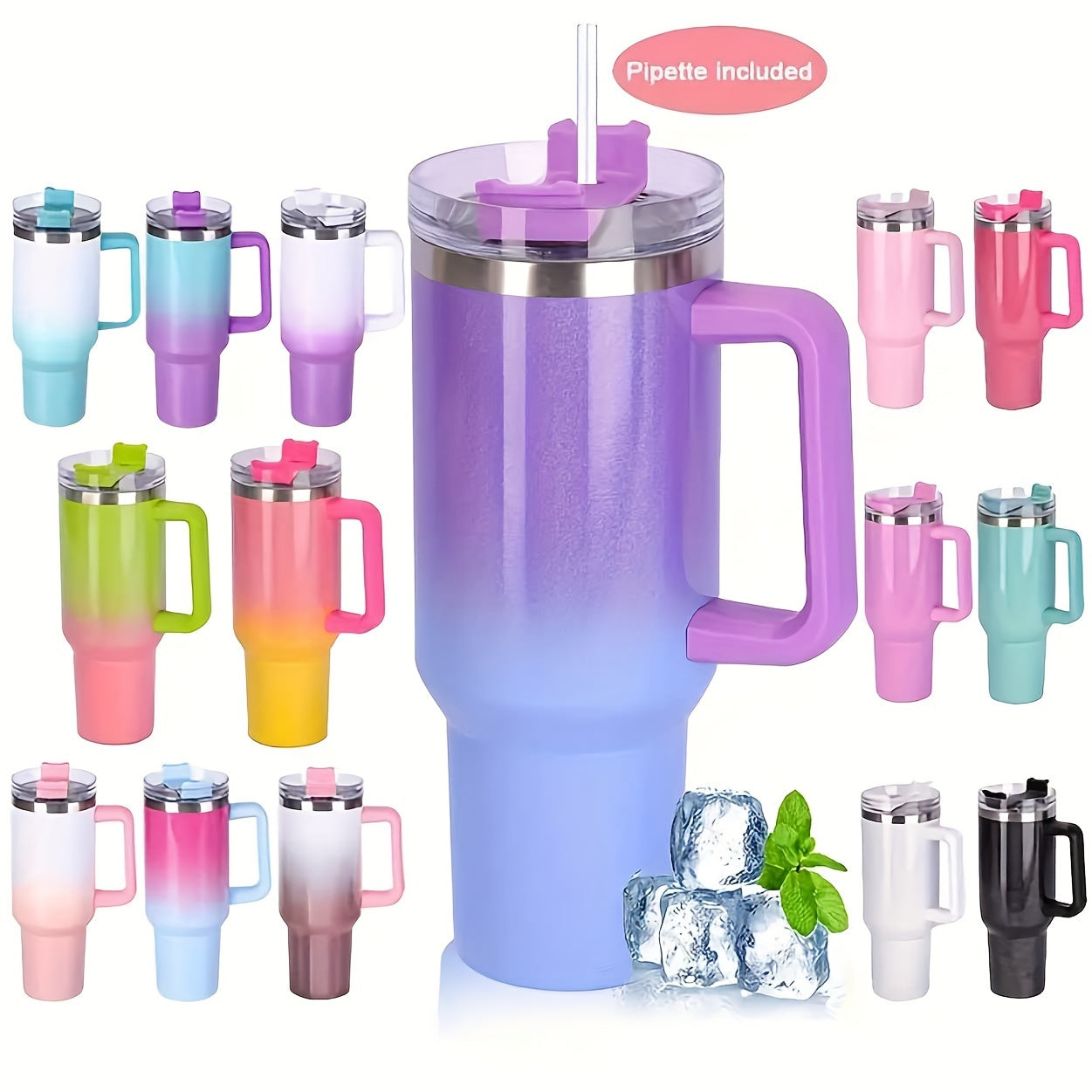 Rainbow Gradient 40 oz Insulated Travel Mug with Handle and Straw