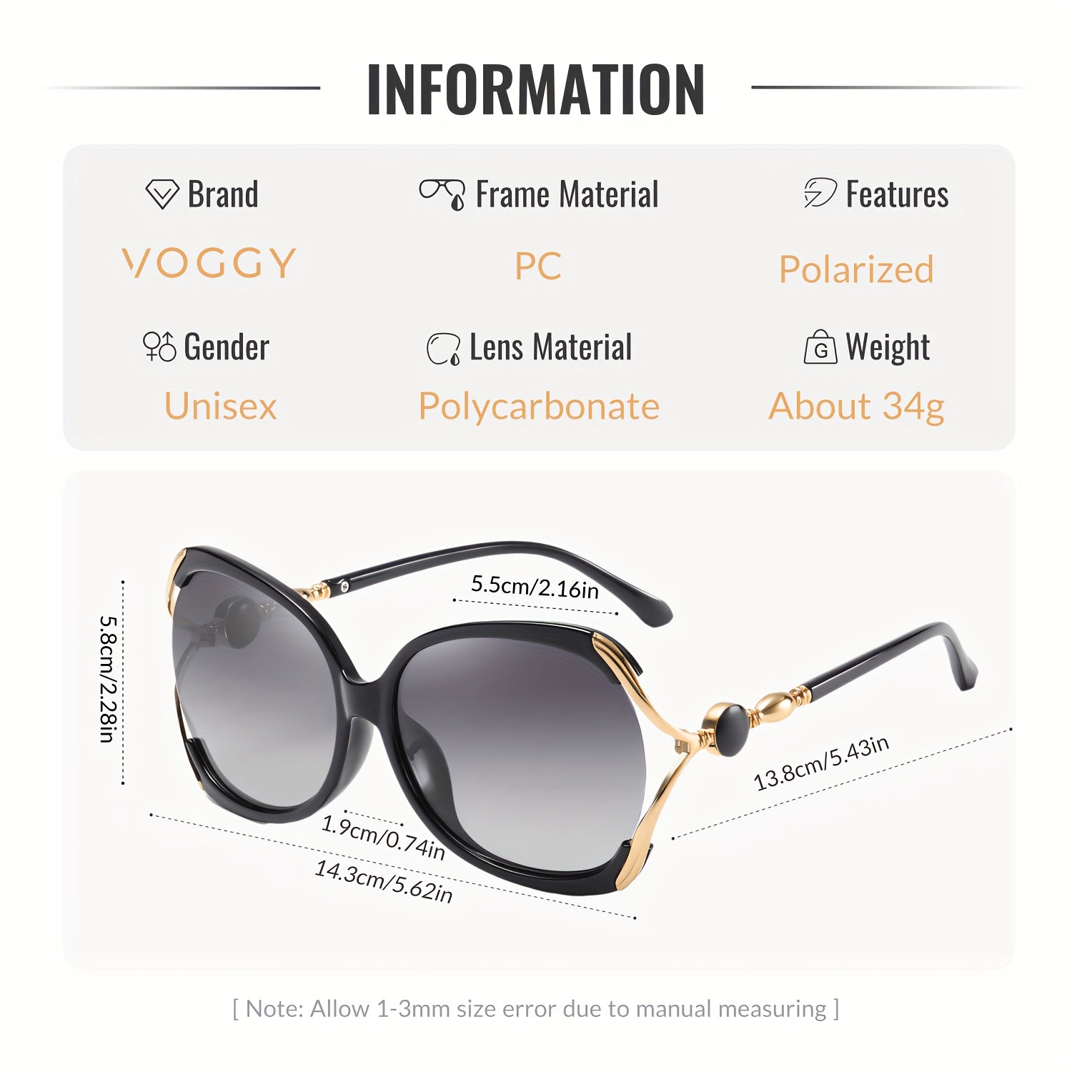 Retro Polarized Oversized Sunglasses for Men and Women Black Frame with Gold Accents UV400