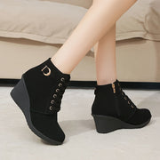 Women's Solid Color Round Toe Wedge Ankle Boots with Buckle Zipper