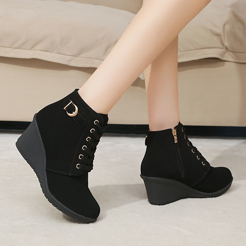 Women's Solid Color Round Toe Wedge Ankle Boots with Buckle Zipper