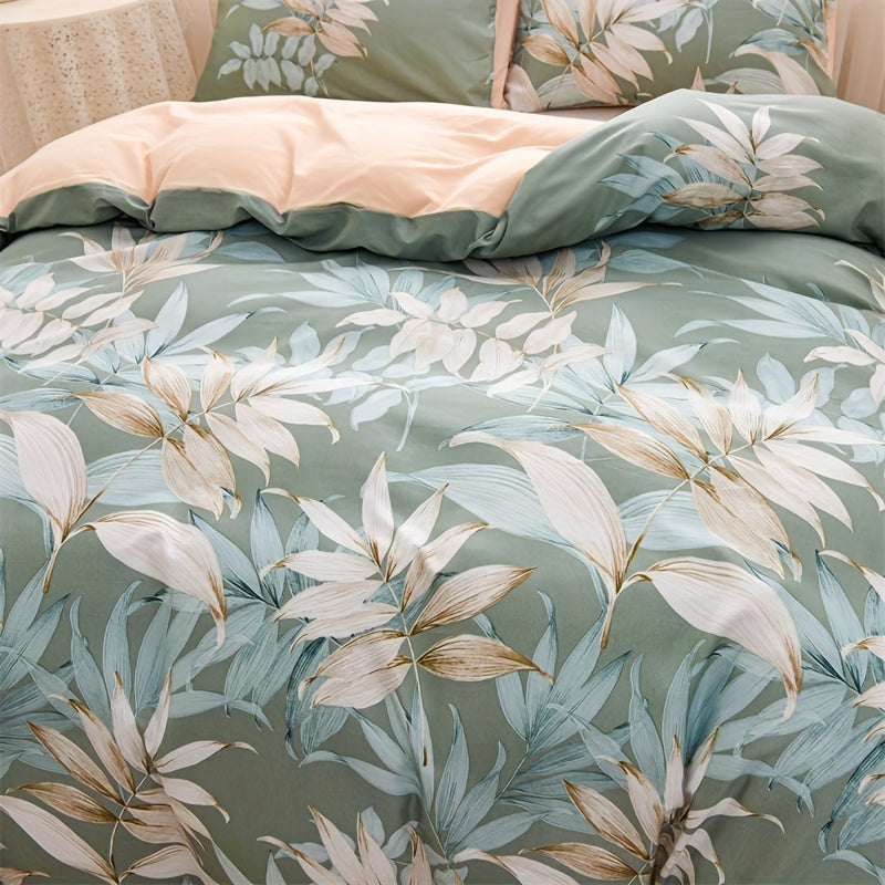 Green Leaf Print Duvet Cover Set with Pillowcases 3 Pieces Soft Polyester for Bedroom