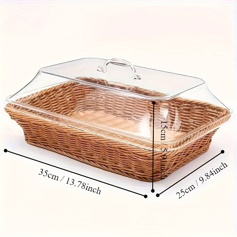 Wicker Bread Basket with Clear Acrylic Lid for Kitchen, Picnic, and Home Display