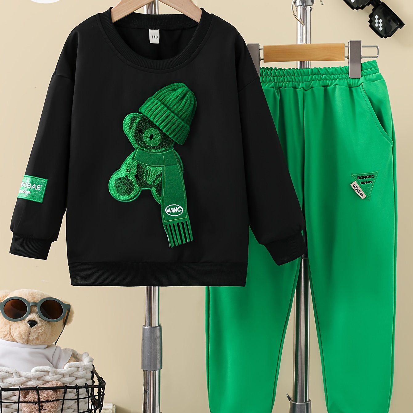 Boys' Two-Piece Outfit with Bear Print Hat, Black Sweatshirt and Green Trousers