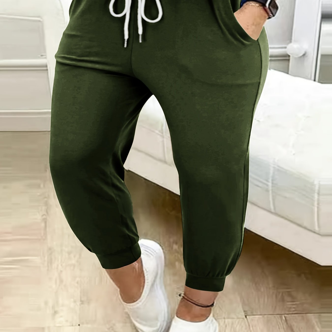 Plus Size Casual Solid Color Drawstring Waist Pants with Pockets for Women