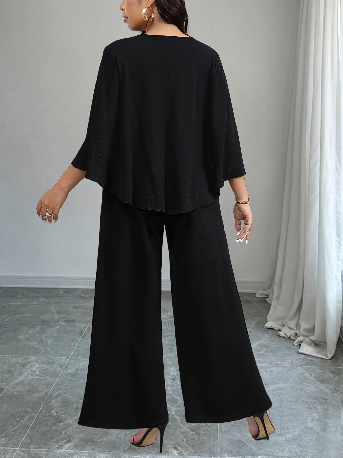 Women's Plus Size Casual V-Neck Jumpsuit with Tie Waist Black Maxidress