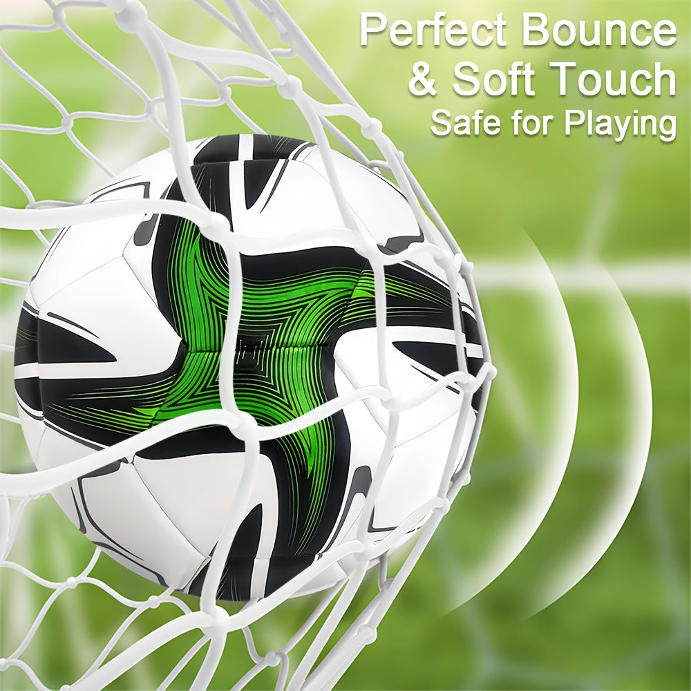 1 dona Vortex naqshidagi futbol to'pi, 5 o'lcham, mustahkam PVC material, ochiq havoda mashg'ulotlar va o'yinlar uchun ideal, barcha mavsumda o'ynash, elektr yoki inflator talab qilinmaydi.