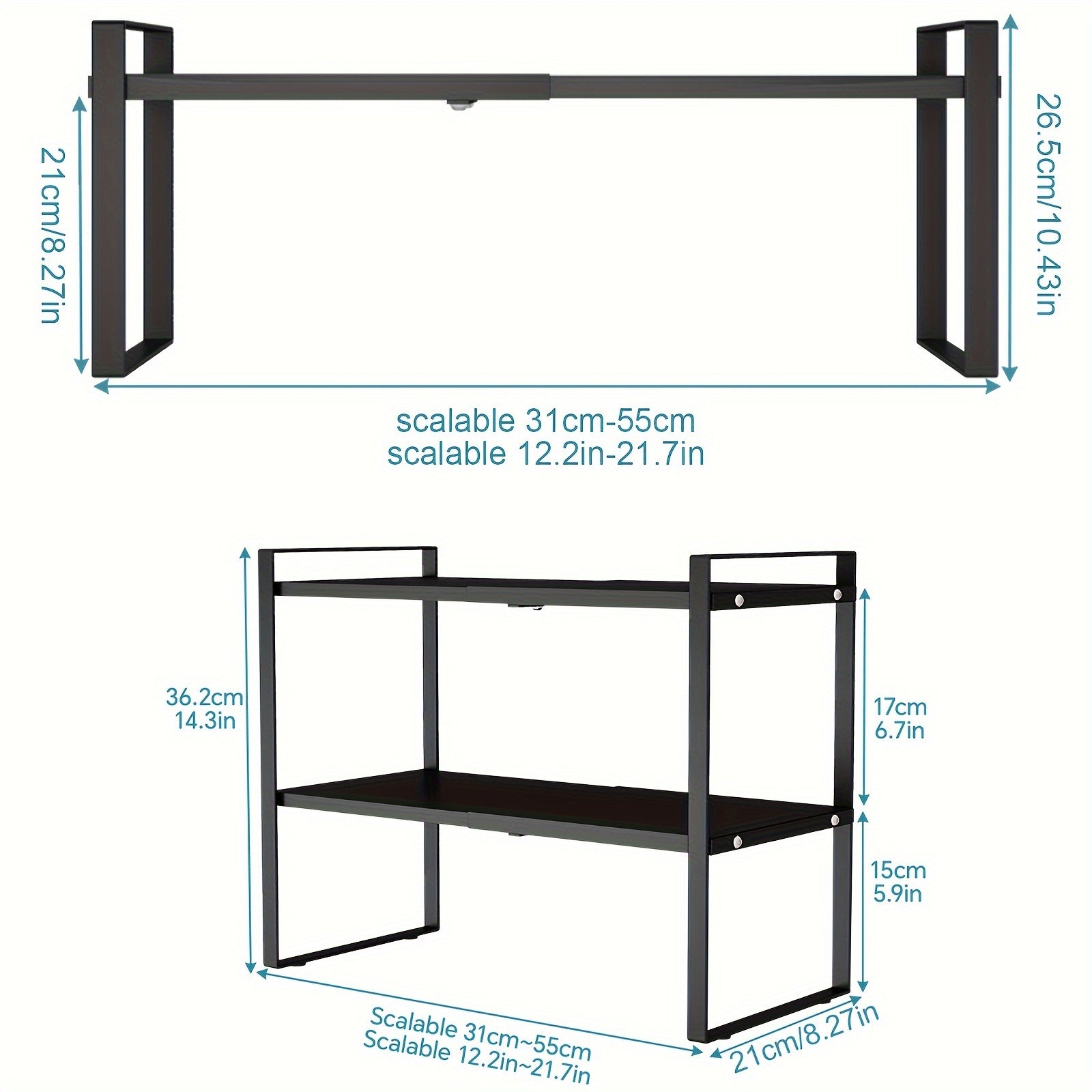 2-Tier Black Metal Expandable Storage Organizer Shelf for Kitchen Pantry Countertop