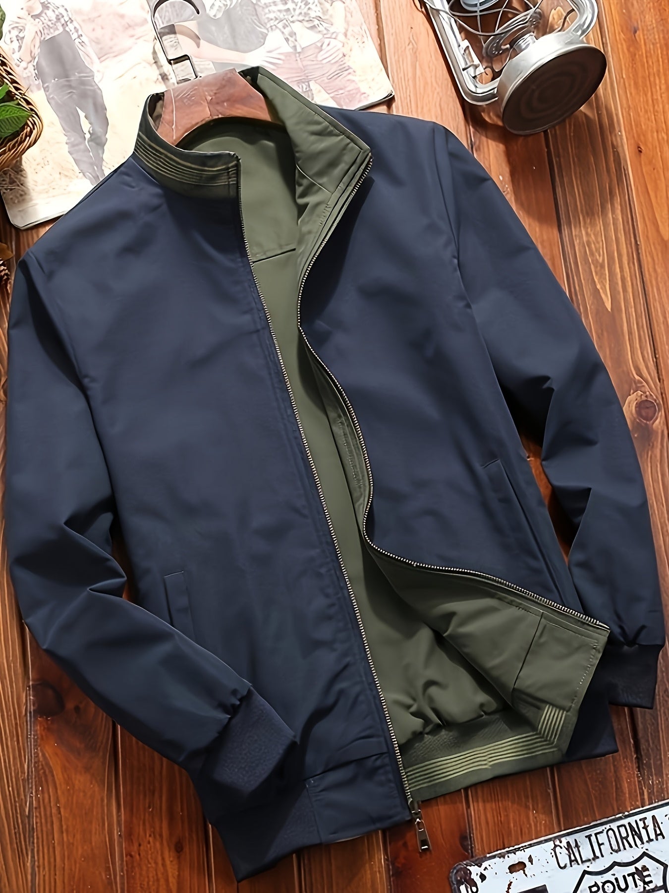 Men's Olive Green Softshell Jacket with Stand Collar Pockets Zipper Casual Wear