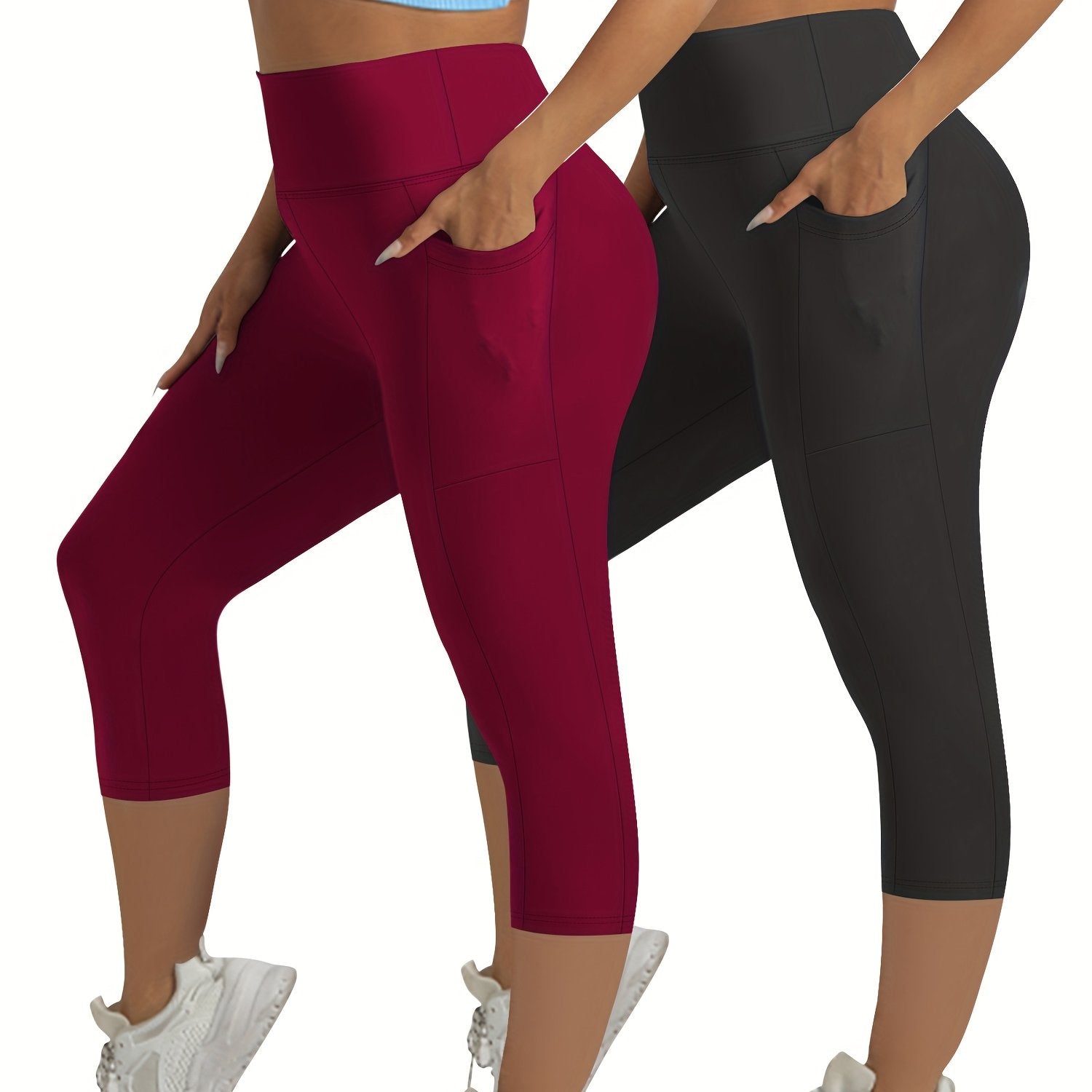 Plus Size 2-Pack High-Waisted Pocket Pants Beige Fitness Outdoor Comfortable