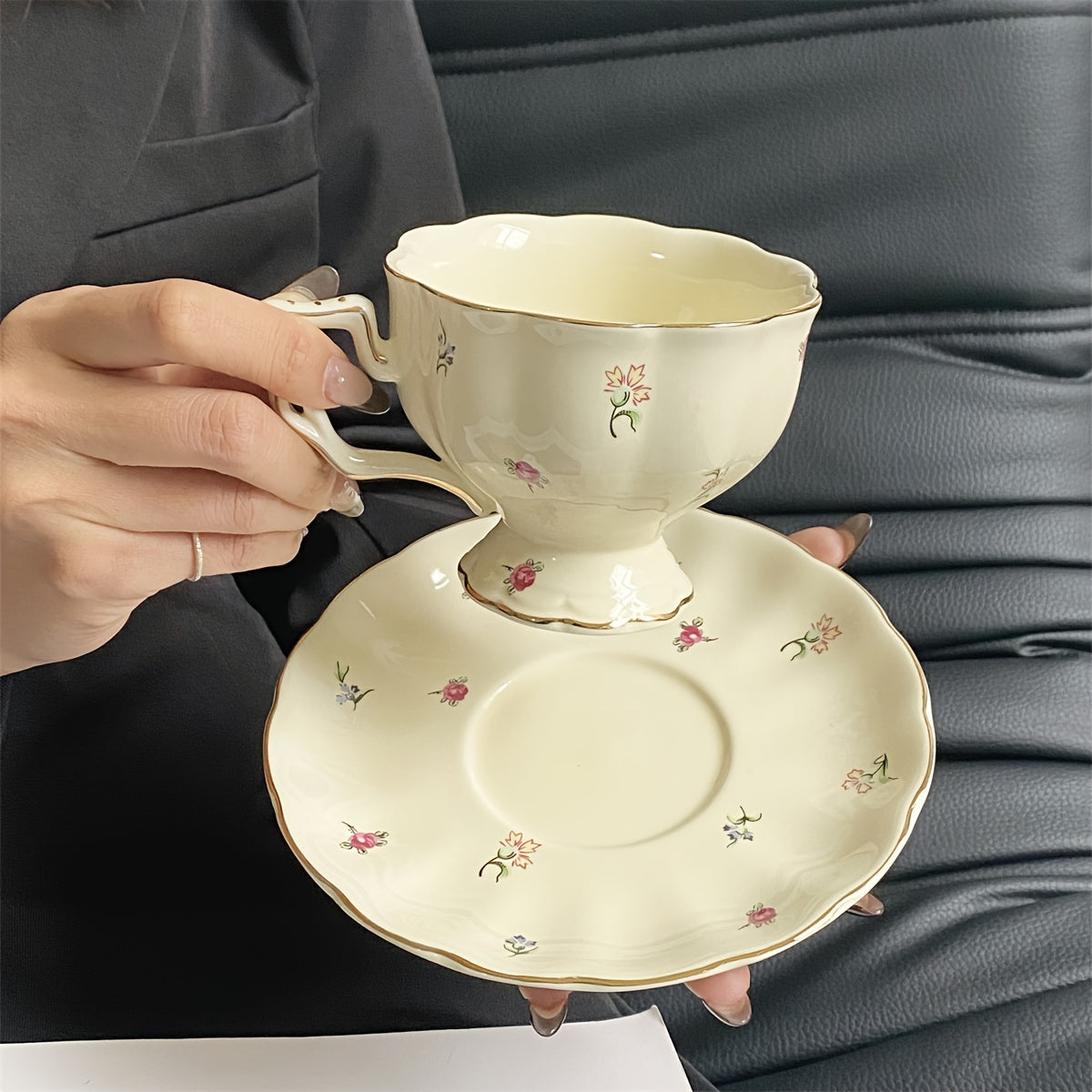 Ceramic Floral Tea Set with Cup and Saucer for Afternoon Tea and Coffee