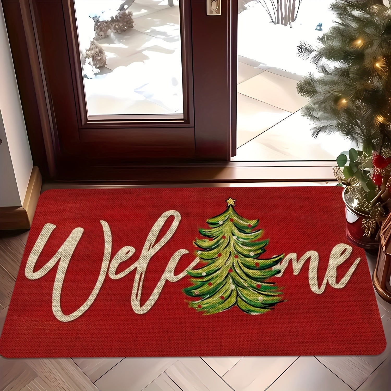 Christmas Doormat Red Polyester Non-Slip Waterproof Stain-Resistant