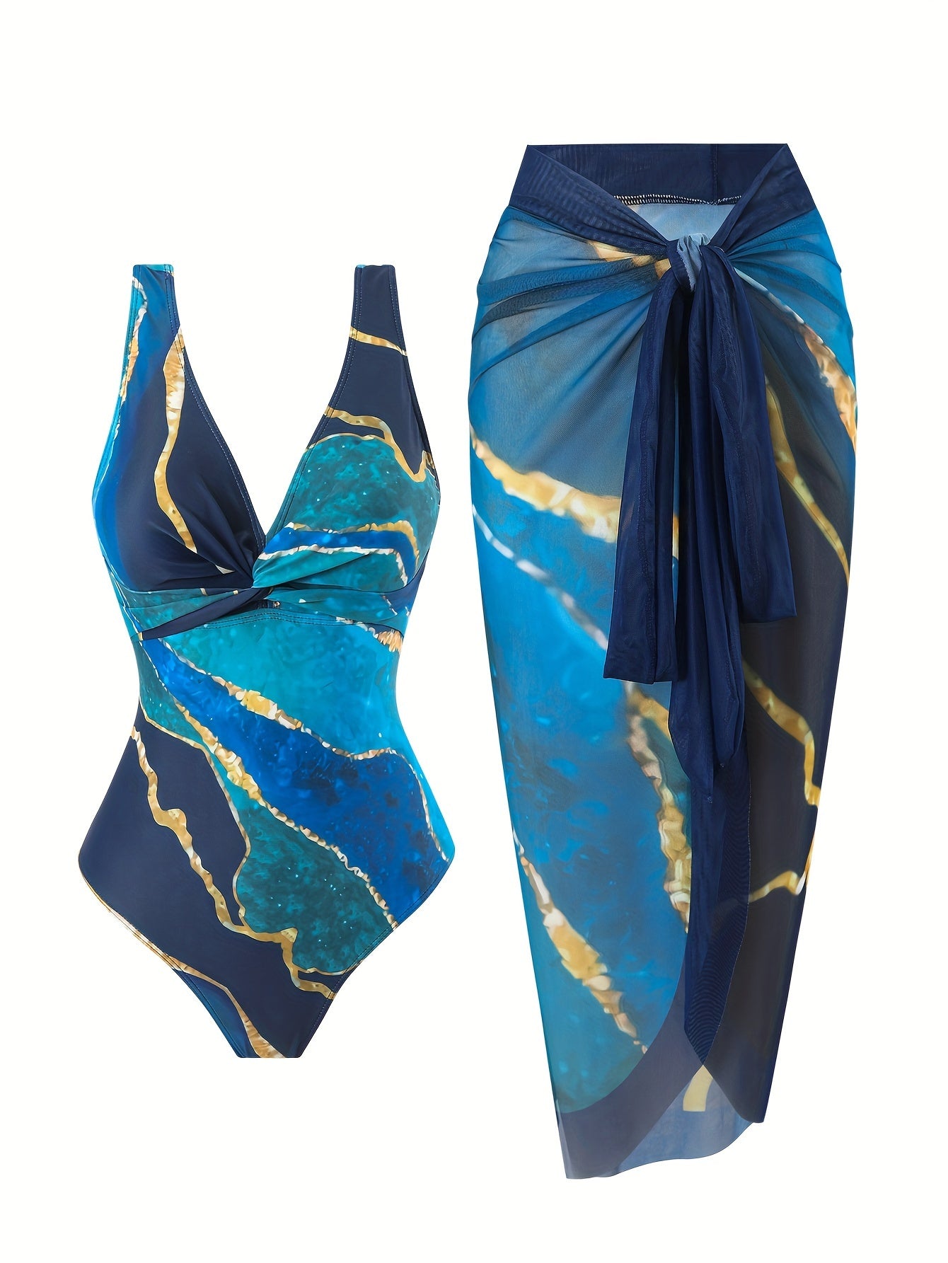 Women's Marble Print Swimsuit Set with V-Neck One-Piece and Cover Up Sarong