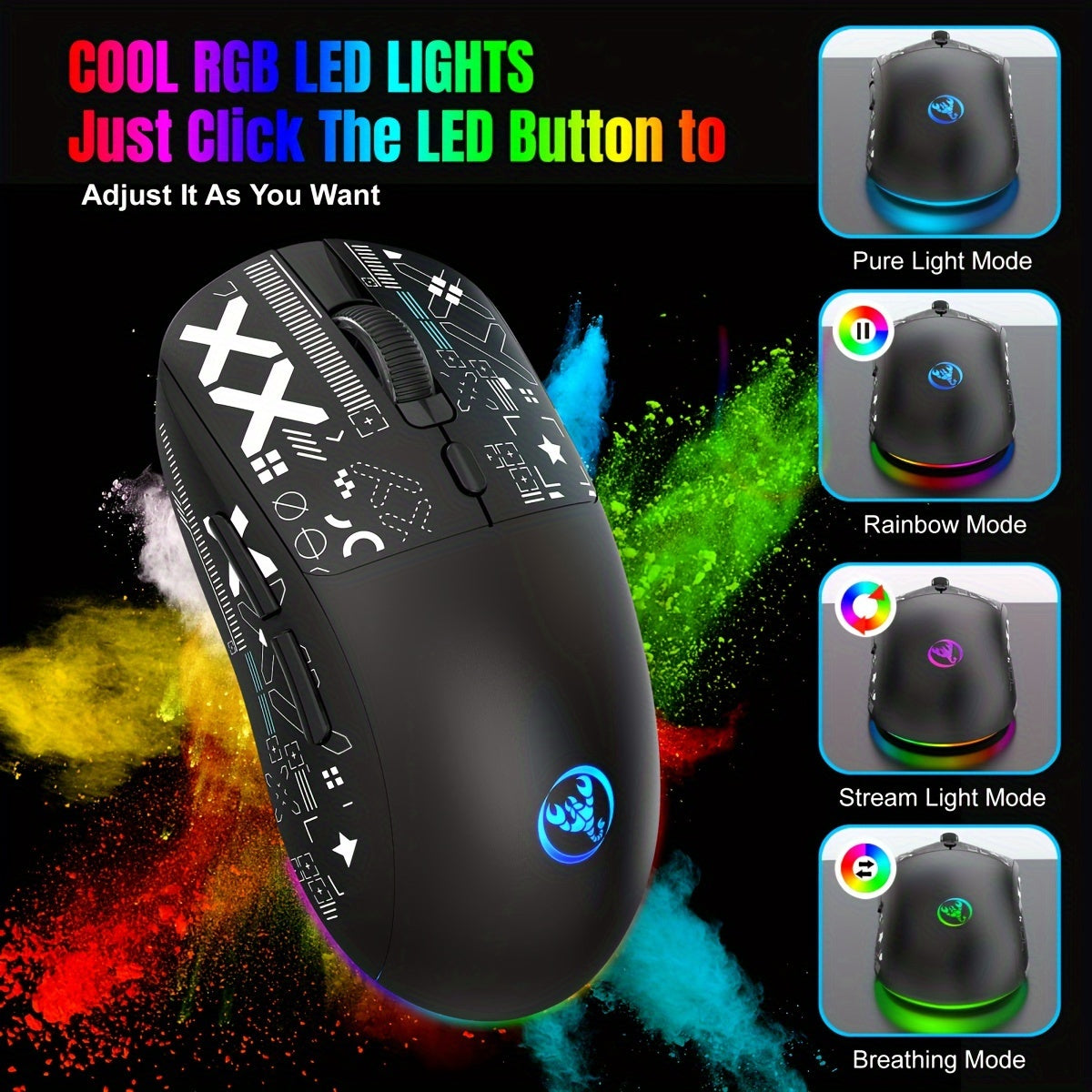 Wireless Gaming Mouse RGB Lighting USB-C 3 DPI Settings Right-Handed Plug and Play