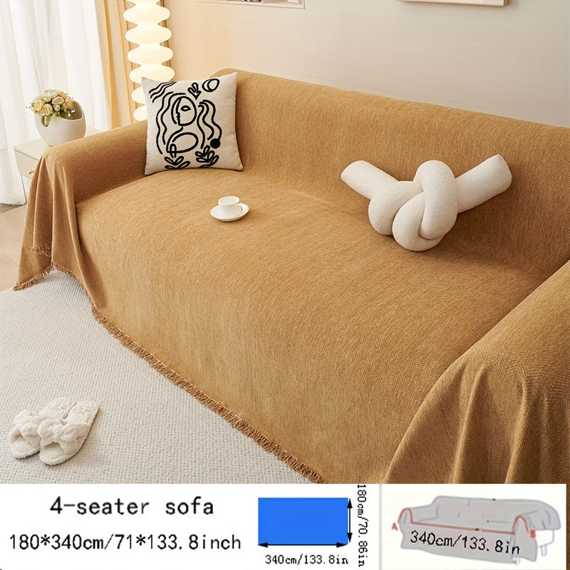 Chenille Sofa Throw Waterproof Baby Fleece Cover All-Season Universal Fit Tassel Machine Washable