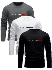 Set of 3 Men's Long Sleeve Cotton T-Shirts with Paris Print Casual Spring Fall Wear