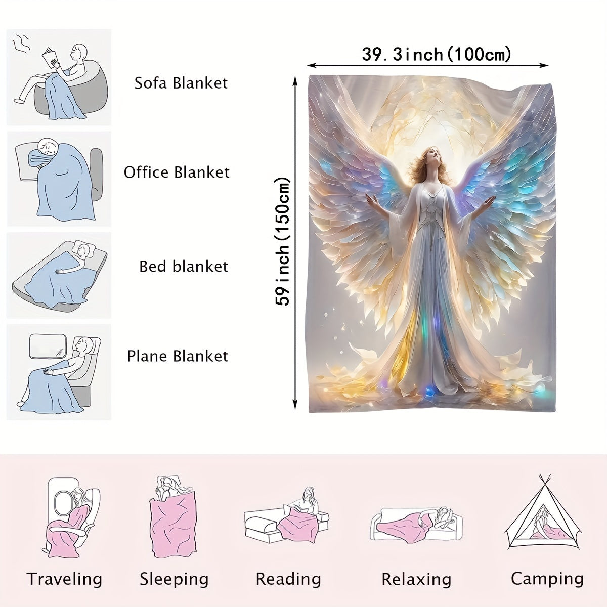 3D Printed Angel Flannel Blanket Soft Warm Polyester Vintage Knitted Throw for All Seasons