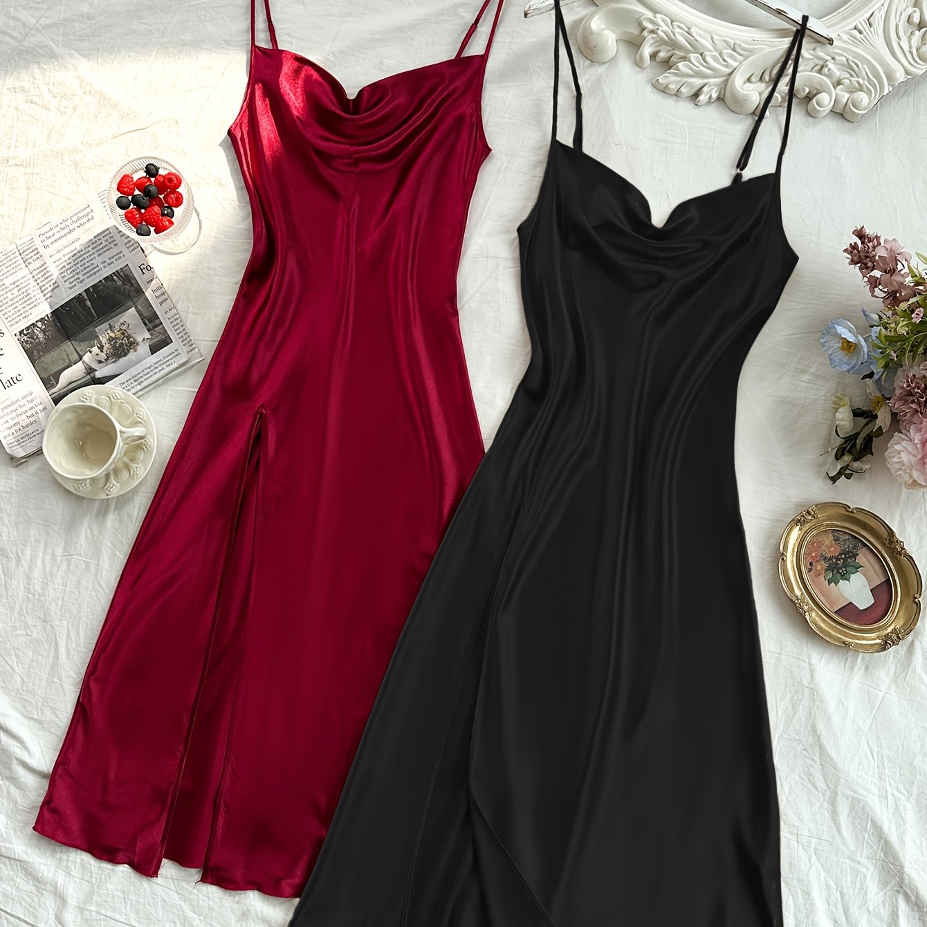 Women's Satin Turtleneck Sleep Dress Backless Split Solid Color Nightgown All-Season