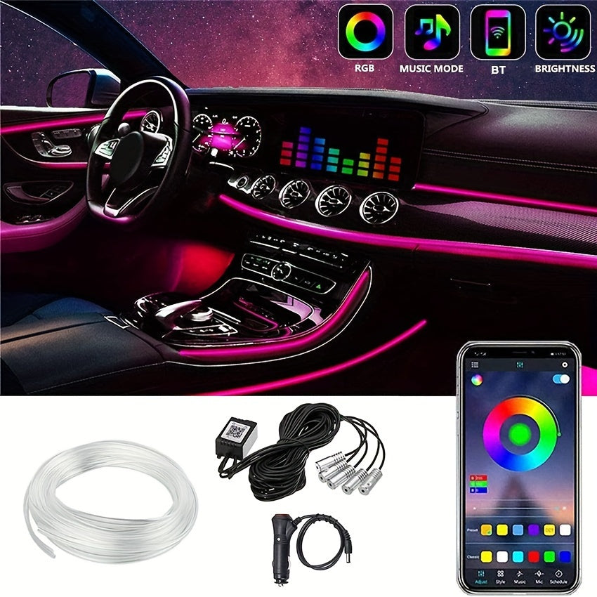 Smart Car RGB LED Strip Light with Wireless App Control 6M Fiber Optic Neon Atmosphere