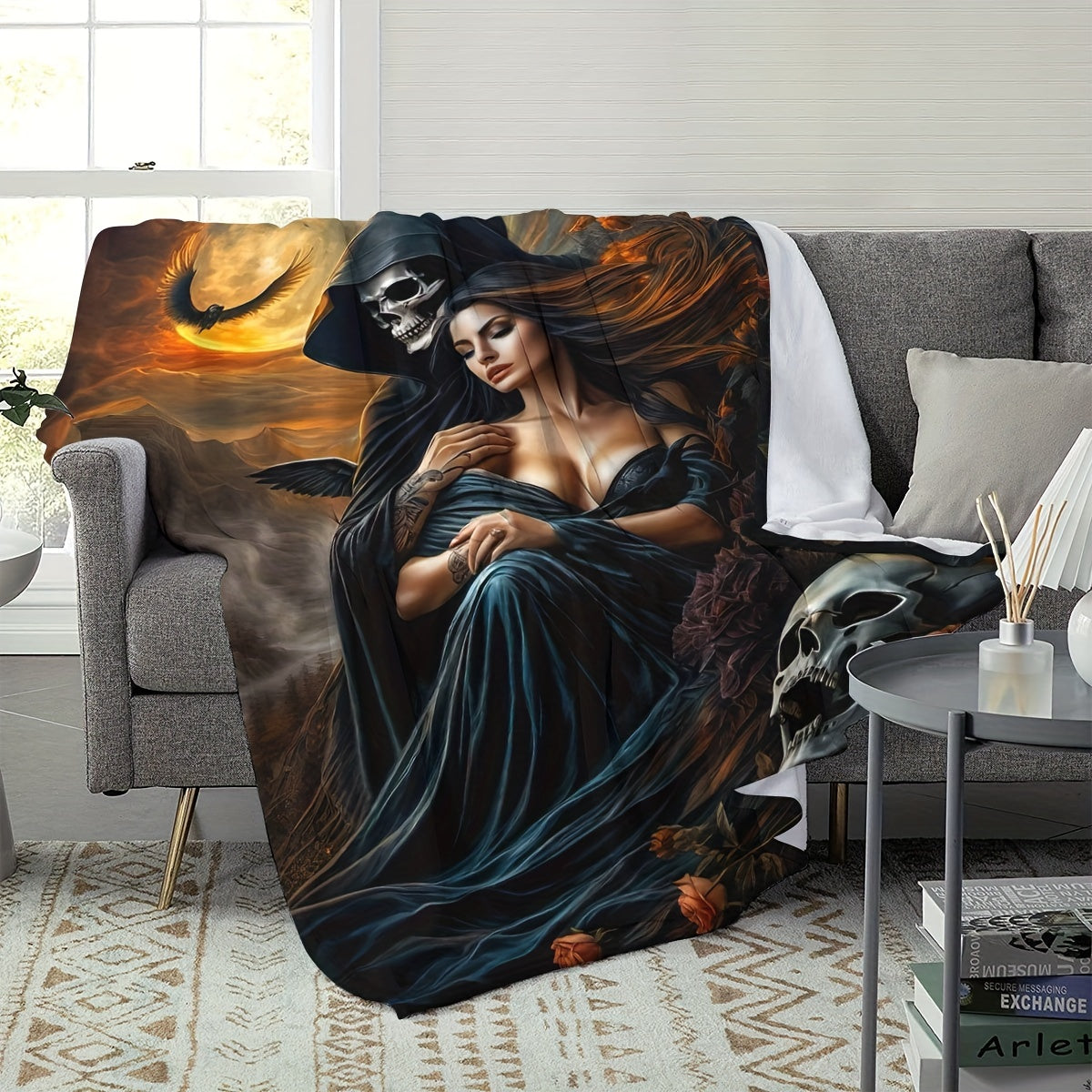 Reversible Knitted Polyester Throw Blanket with Fantasy Devil and Beauty Design