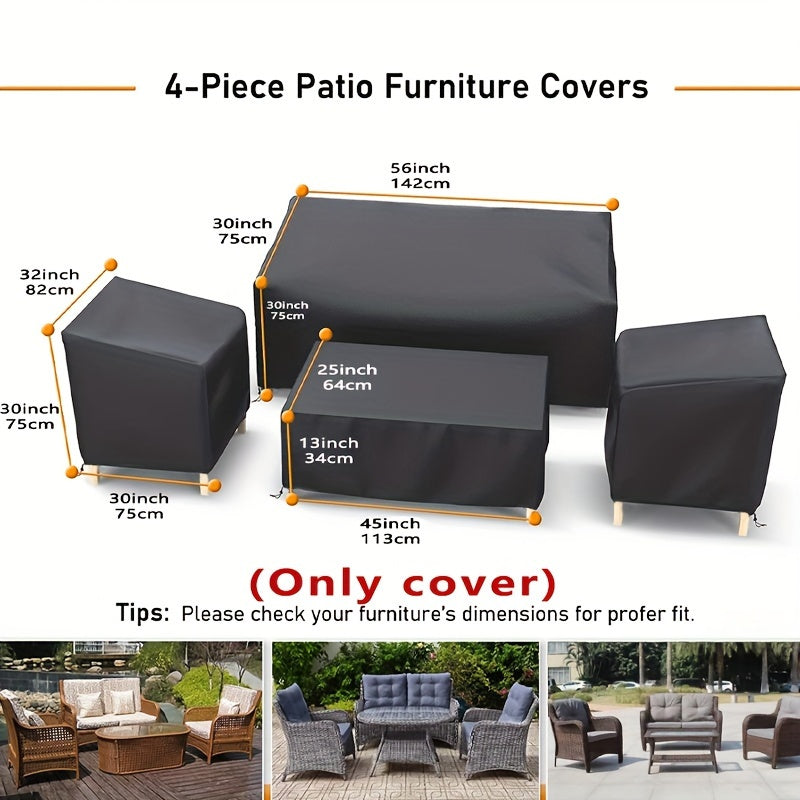 4-Piece Outdoor Furniture Cover Set Black Polyester with Adjustable Drawstring for Patio Yard Balcony