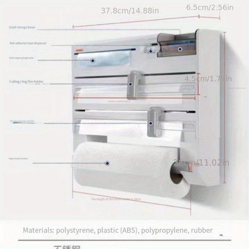 Kitchen Organizer with Plastic Wrap Dispenser and Cutter for Food Storage