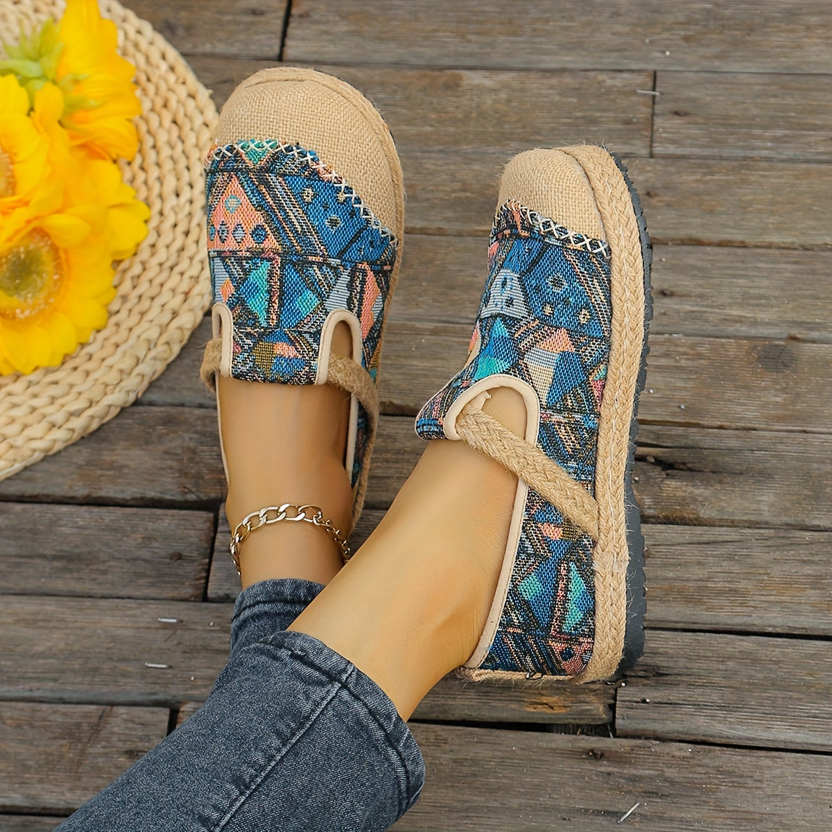 Women's Casual Espadrille Flats, Tribal Pattern Slip-On Breathable Shoes