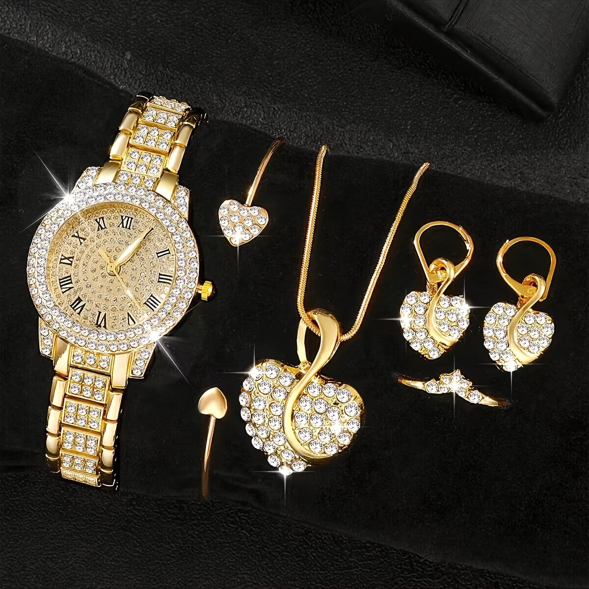 Set de reloj y joyería de 6 piezas con cristales de oro para mujer con movimiento de cuarzo