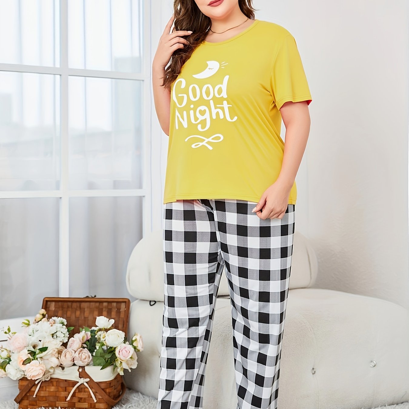 Plus Size Casual Loungewear Set Women's Short Sleeve Top Gingham Pants