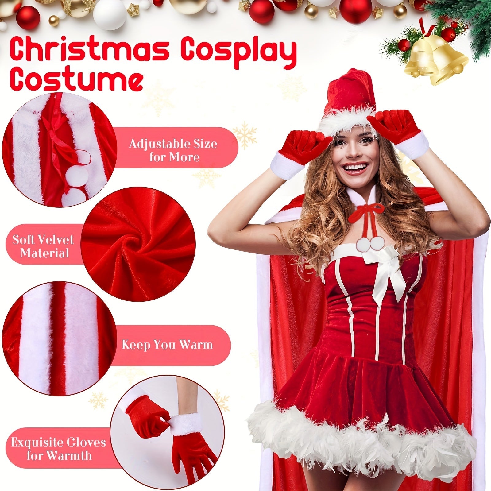 Conjunto de accesorios de Santa Claus de Navidad para mujer, capa con capucha de terciopelo, sombrero y guantes